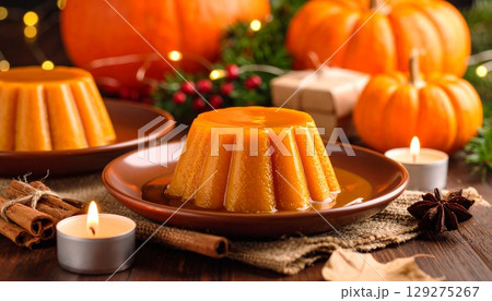 キャンドルに照らされたかぼちゃプリンの秋カフェ キャンドルに照らされたかぼちゃプリンの秋カフェ 129275267