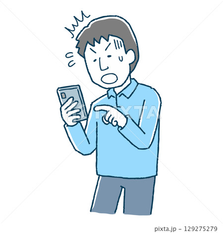 スマホを見て驚く男性 129275279