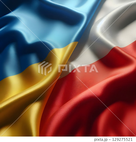 Ukrainian and Polish Flags Waving Side by Side Symbolizing Regional Cooperation 129275521