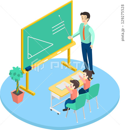 楽しく勉強する子供たちと男性の先生のイメージイラスト 129275528