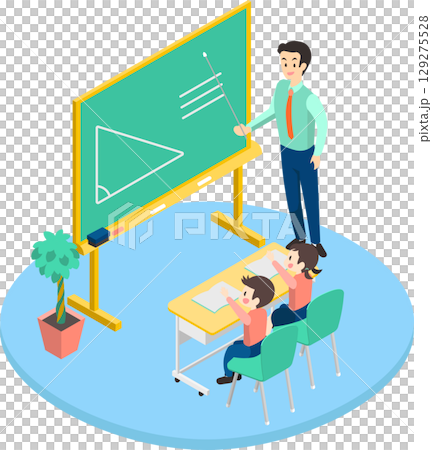 楽しく勉強する子供たちと男性の先生のイメージイラスト 129275528