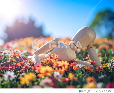 木漏れ日の下で心地よく眠る人形の姿 129275659