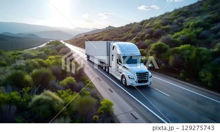 American long-nose semitruck on a highway 129275743