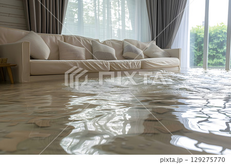 Home Floor Flooded, Showcasing Water Damage And Potential Issues 129275770
