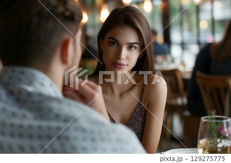 smiling young adult woman dating with young adult man at the restaurant smiling young adult woman dating with young adult man at the restaurant 129275775