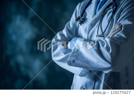 Abstract Medical Doctor, Symbolizing Compassion and Expertise asymmetrical composition with copy space. 129275827