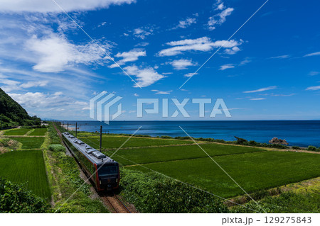 晴天の日本海沿岸を走る電車 129275843