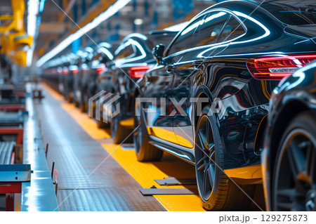 black cars on the conveyor in factory during leas stages of manufacturing 129275873
