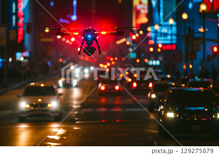 Copter drone flying low at night downtown city street. Copter drone flying low at night downtown city street. 129275879