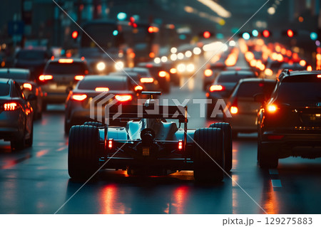 formula 1 car stuck in traffic at the rush hour on the road of a capital city 129275883