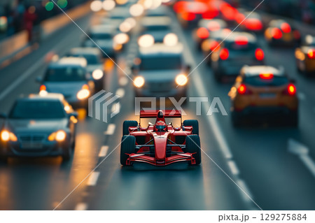 formula 1 car stuck in traffic at the rush hour on the road of a capital city formula 1 car stuck in traffic at the rush hour on the road of a capital city 129275884