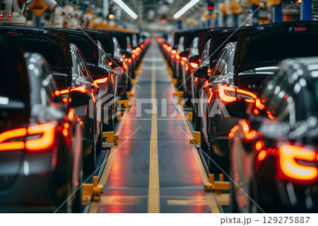 black cars on the conveyor in factory during leas stages of manufacturing black cars on the conveyor in factory during leas stages of manufacturing 129275887