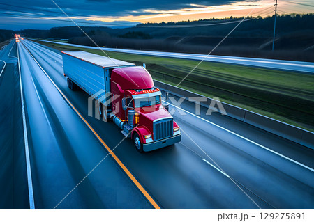American long-nose semitruck on a highway American long-nose semitruck on a highway 129275891