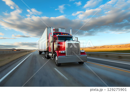Classic American long-nose semitruck on a highway 129275901