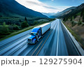 American long-nose semitruck on a highway 129275904