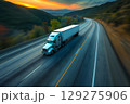 American long-nose semitruck on a highway 129275906