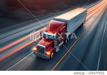 Classic American long-nose semitruck on a highway 129275910