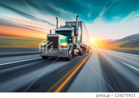Classic American long-nose semitruck on a highway 129275911