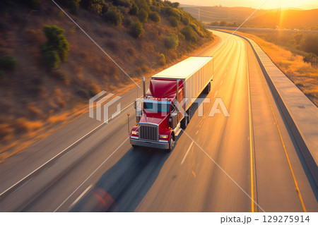 American long-nose semitruck on a highway American long-nose semitruck on a highway 129275914