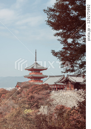 Retro toned vertical image of iconic pagoda at Kiyomizu-dera in Kyoto, Japan Retro toned vertical image of iconic pagoda at Kiyomizu-dera in Kyoto, Japan 129275992