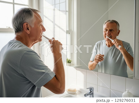 Elderly Man Brushing Teeth in Bright Bathroom 129276031