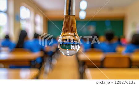 Droplet of water on a paintbrush handle reflecting inverted classroom scene, macro-level distortion 129276135