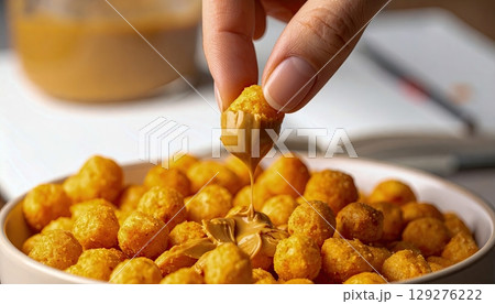 Extreme close-up of fingers dipping cheese puff into peanut butter, snack fusion in frustration, smudged notebook in background 129276222
