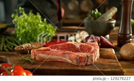 Delicious beef steak on wooden table, close-up Delicious beef steak on wooden table, close-up 129276227