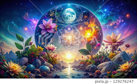 A colorful painting of a flower garden with a large flower in the center. The painting has a dreamy, peaceful mood 129276247