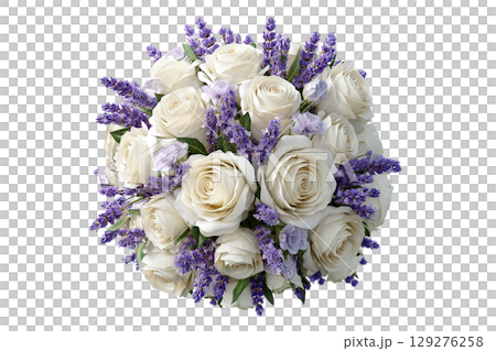 AI-generated item.  A round bouquet of white roses and purple lavender flowers. 129276258
