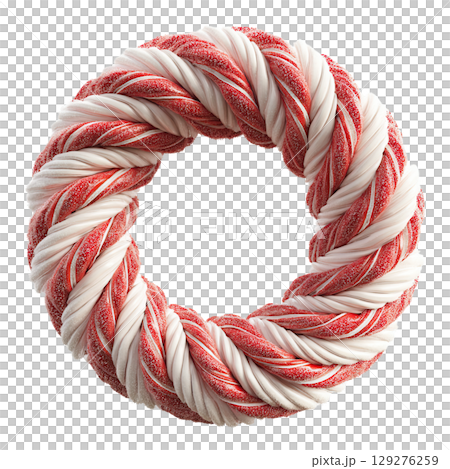 AI-generated item. A wreath made from twisted red and white candy canes, coated in sugar. 129276259