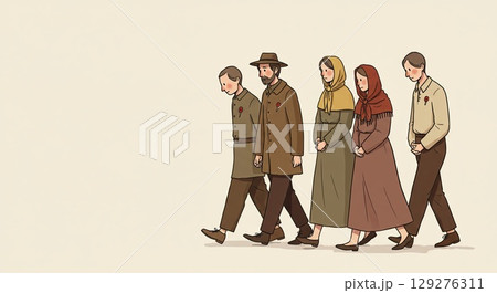 Family walks in solemn memory, holding historical memory, a painful memory 129276311