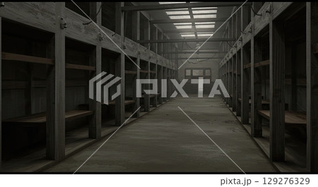 Barracks show stark emptiness, a silent space echoing historical emptiness 129276329