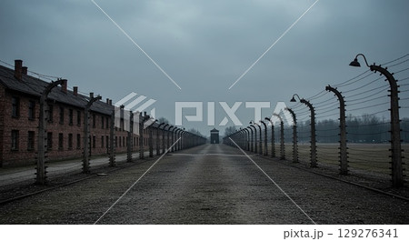 Road at Auschwitz symbolizes immense human tragedy, a profound tragedy of war 129276341