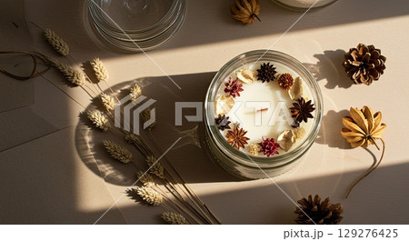 Handmade candle making for autumn ritual. Spiritual ritual, cozy ritual at home 129276425