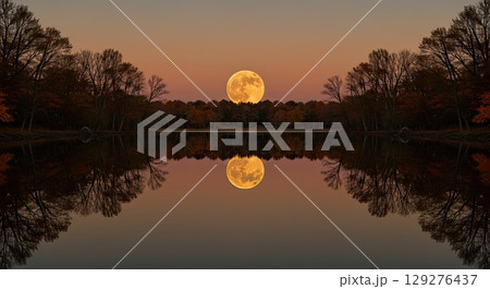Harvest moon reflection creates perfect natural balance. A serene lake balance 129276437