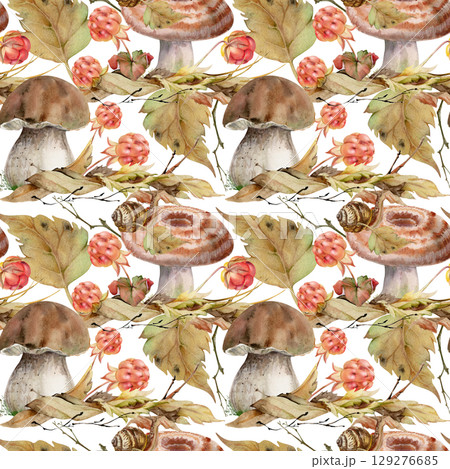 Bolete cep milk-cap mushroom with snail, cloudberry berries twigs on fallen autumn leaves pile. Seamless pattern hand drawn in watercolor. Forest harvest. Farmers market menu, home preserves wrapping 129276685