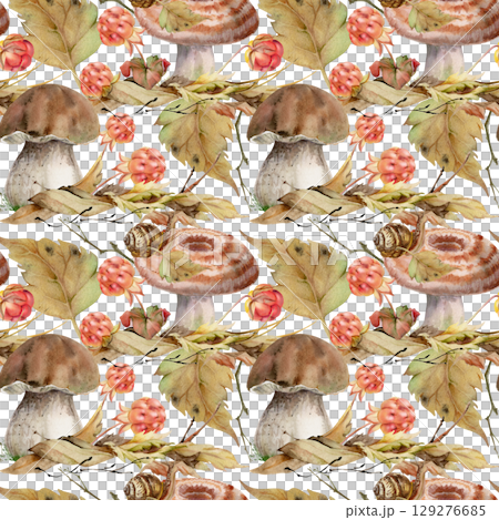 Bolete cep milk-cap mushroom with snail, cloudberry berries twigs on fallen autumn leaves pile. Seamless pattern hand drawn in watercolor. Forest harvest. Farmers market menu, home preserves wrapping 129276685