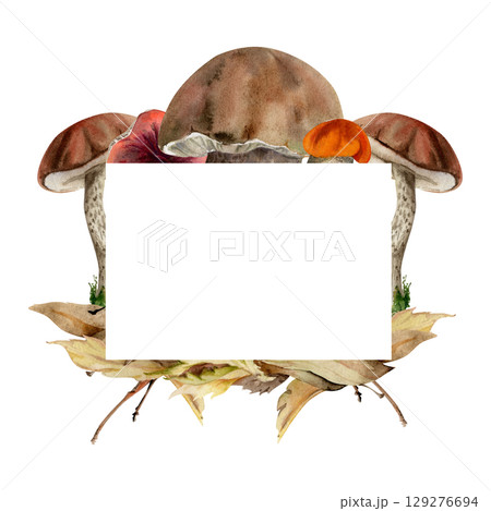 Bolete cep mushroom on top of autumn leaves pile with twigs. Fungi forest harvest, edible raw ingredient for vegan cooking. Copy space frame hand drawn in watercolor. Seasonal planner, menu cookbook 129276694