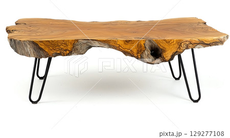 Wooden table with black legs and a black top 129277108