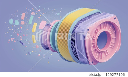 Air filter mechanism and pollution concept, Stylized illustration of a mechanical turbocharger in vibrant colors. 129277196