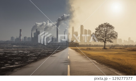 Environment impact and awareness, pollution concept, Cityscape split between pollution and a clean environment. 129277377