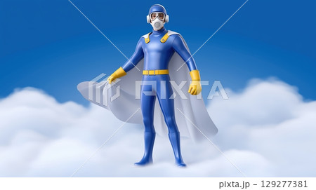 Environment impact and awareness, pollution concept, Superhero in a blue suit with a gas mask standing on clouds. Environment impact and awareness, pollution concept, Superhero in a blue suit with a gas mask standing on clouds. 129277381
