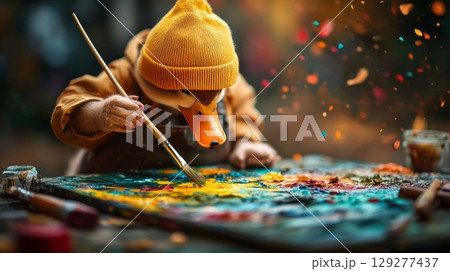 A creative duck in a beanie paints a colorful masterpiece, surrounded by artistic splatters 129277437