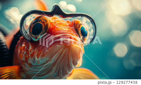 A comical goldfish wears diving goggles underwater, showcasing a humorous aquatic adventure 129277438