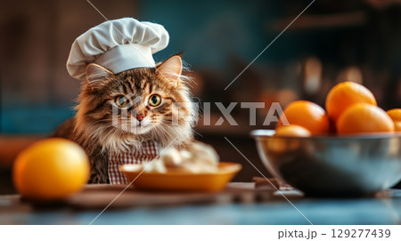 A fluffy cat wearing a chefs hat sits with a bowl of oranges, creating a delightful kitchen scene 129277439