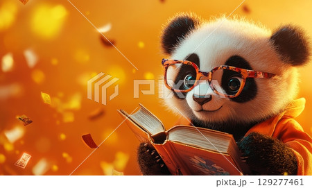 Cute panda wearing glasses, engrossed in a book, surrounded by floating pages in a warm, golden light 129277461