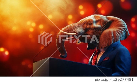 An elephant in a suit confidently delivers a speech on stage, enveloped in dramatic lighting 129277481