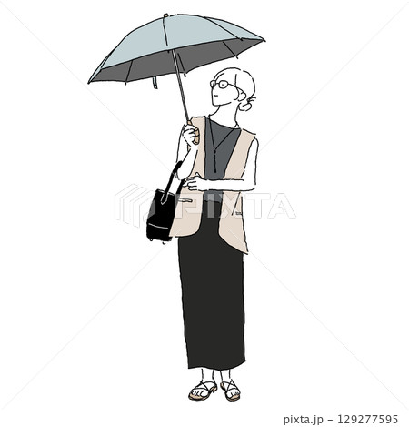 日傘をさすカジュアルな服装の女性（カラーイラスト） 129277595