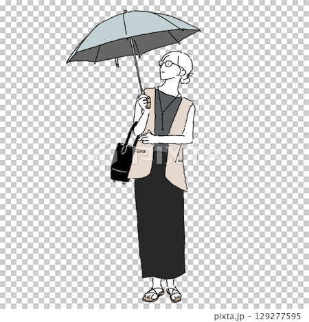 日傘をさすカジュアルな服装の女性（カラーイラスト） 129277595